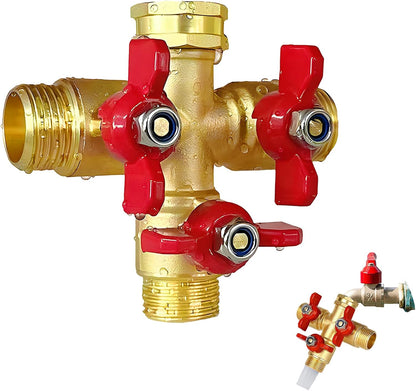 2 Way Garden Hose Splitter, Solid Brass High Flow Spigot Splitter with 3/4” GHT Thread, Individual Shut-Off Valves & Long Handle, Heavy Duty Hose Manifold for Outdoor Faucet