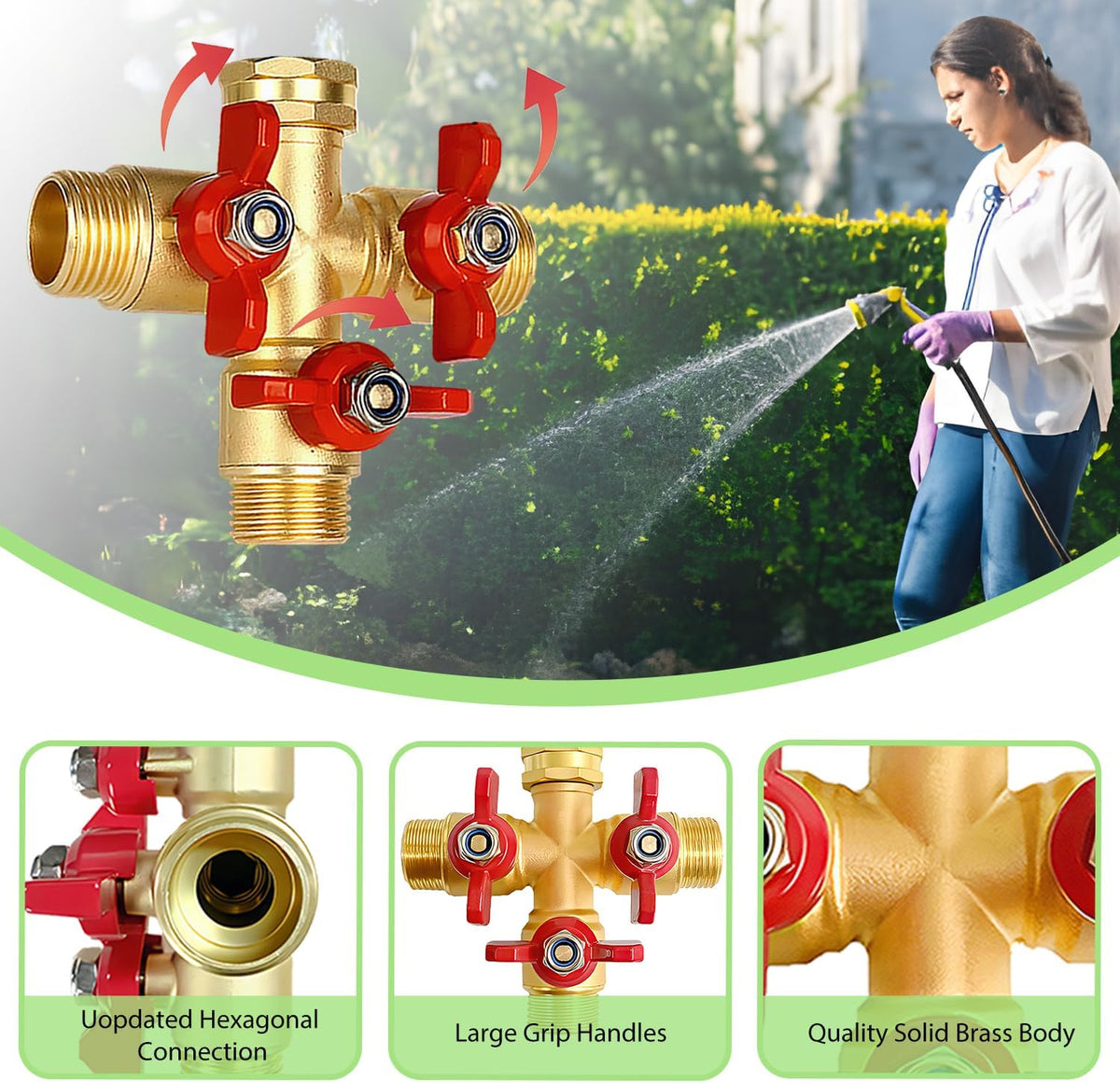 2 Way Garden Hose Splitter, Solid Brass High Flow Spigot Splitter with 3/4” GHT Thread, Individual Shut-Off Valves & Long Handle, Heavy Duty Hose Manifold for Outdoor Faucet