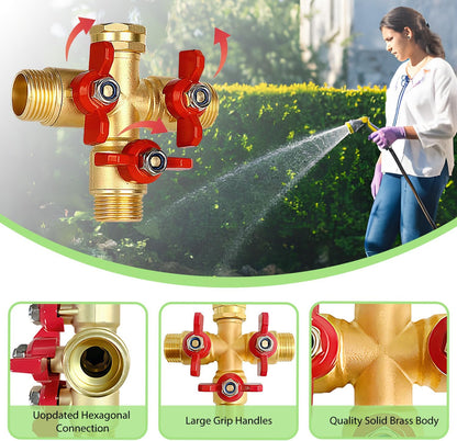 2 Way Garden Hose Splitter, Solid Brass High Flow Spigot Splitter with 3/4” GHT Thread, Individual Shut-Off Valves & Long Handle, Heavy Duty Hose Manifold for Outdoor Faucet