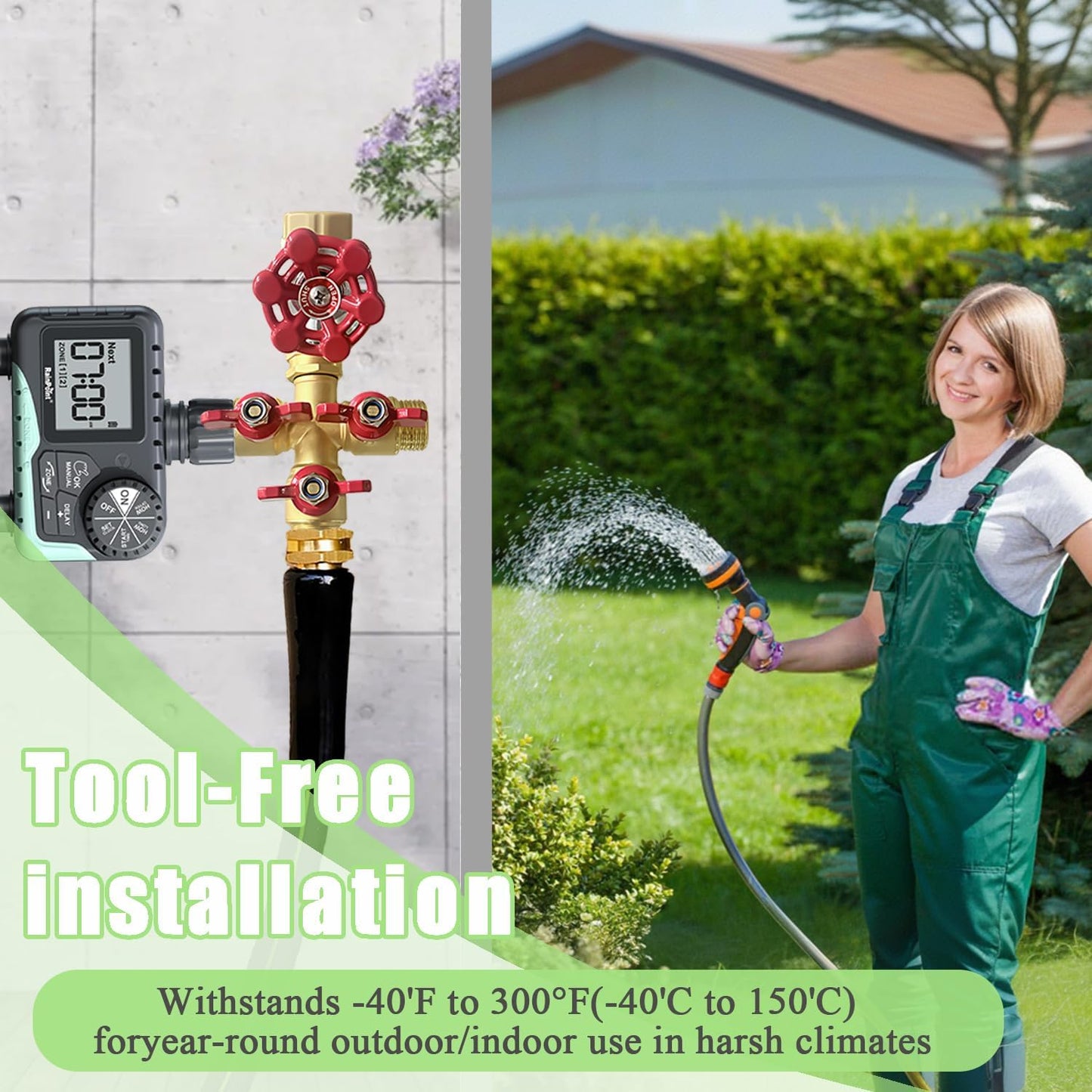 2 Way Garden Hose Splitter, Solid Brass High Flow Spigot Splitter with 3/4” GHT Thread, Individual Shut-Off Valves & Long Handle, Heavy Duty Hose Manifold for Outdoor Faucet