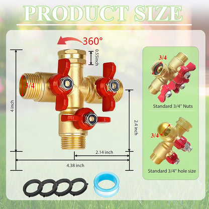 2 Way Garden Hose Splitter, Solid Brass High Flow Spigot Splitter with 3/4” GHT Thread, Individual Shut-Off Valves & Long Handle, Heavy Duty Hose Manifold for Outdoor Faucet