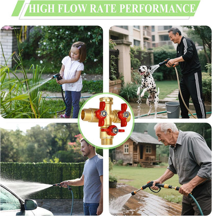 2 Way Garden Hose Splitter, Solid Brass High Flow Spigot Splitter with 3/4” GHT Thread, Individual Shut-Off Valves & Long Handle, Heavy Duty Hose Manifold for Outdoor Faucet