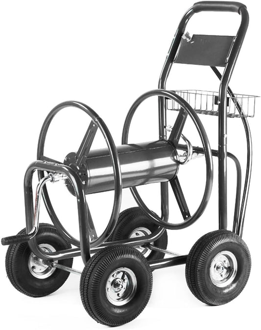 Hose Reel Cart, Hose Cart with Wheels, Water Hose Reel Cart Hose Reels for Outside, 300-Feet Hose Capacity, Grey