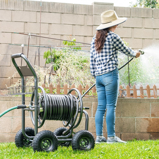 Hose Reel Cart, Hose Cart with Wheels, Water Hose Reel Cart Hose Reels for Outside, 300-Feet Hose Capacity, Grey