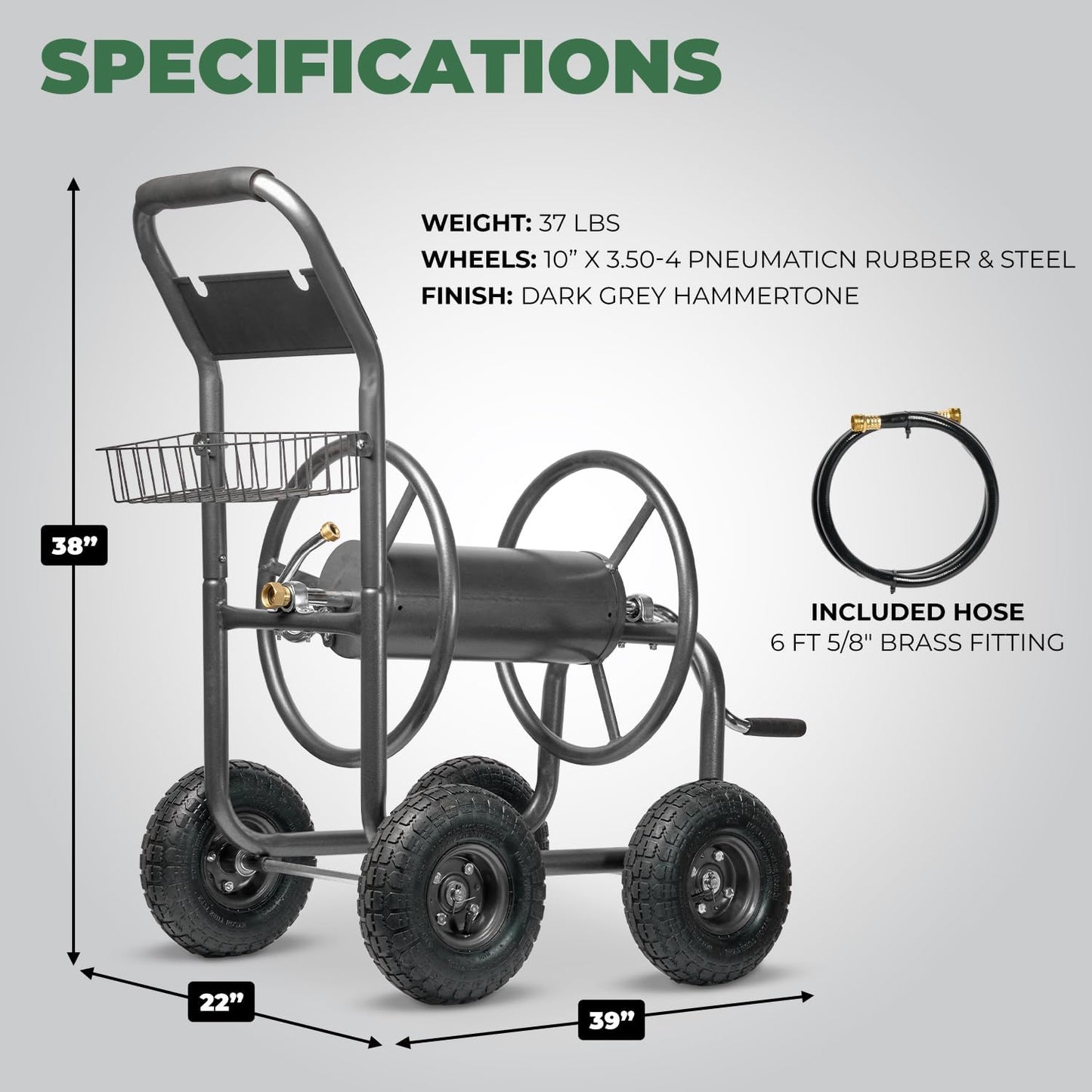 Hose Reel Cart, Hose Cart with Wheels, Water Hose Reel Cart Hose Reels for Outside, 300-Feet Hose Capacity, Grey