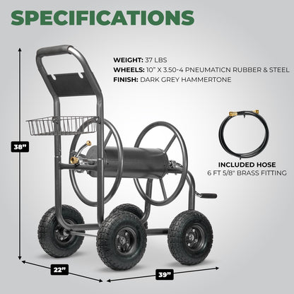 Hose Reel Cart, Hose Cart with Wheels, Water Hose Reel Cart Hose Reels for Outside, 300-Feet Hose Capacity, Grey