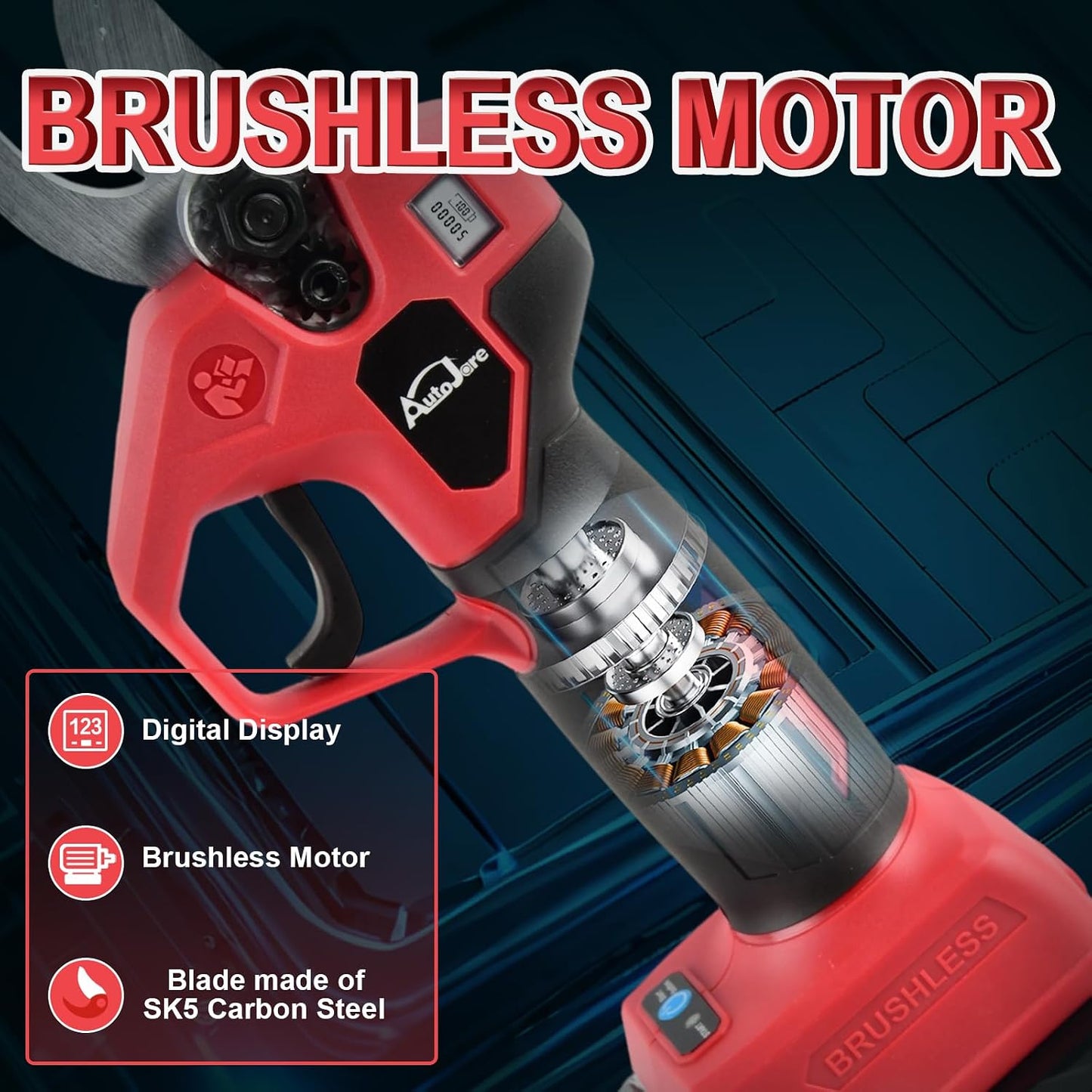 Electric Pruning Shears 0.8-1.2 Inch Brushless Cordless Shears Compatible with Milwaukee 18V Battery (NO Battery) with LCD Display SK5 Steel Blades for Gardening