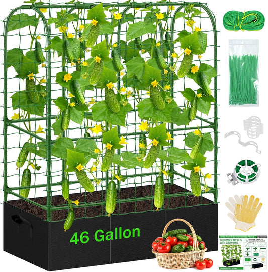 Garden Cucumber Trellis for Climbing Plants Outdoor with Grow Bag, 65x50 Inch Large U-Shaped Cucumber Trellis for Raised Bed, Metal Arch Plant Trellis for Vegetable Grape Pea Bean Vine Squash