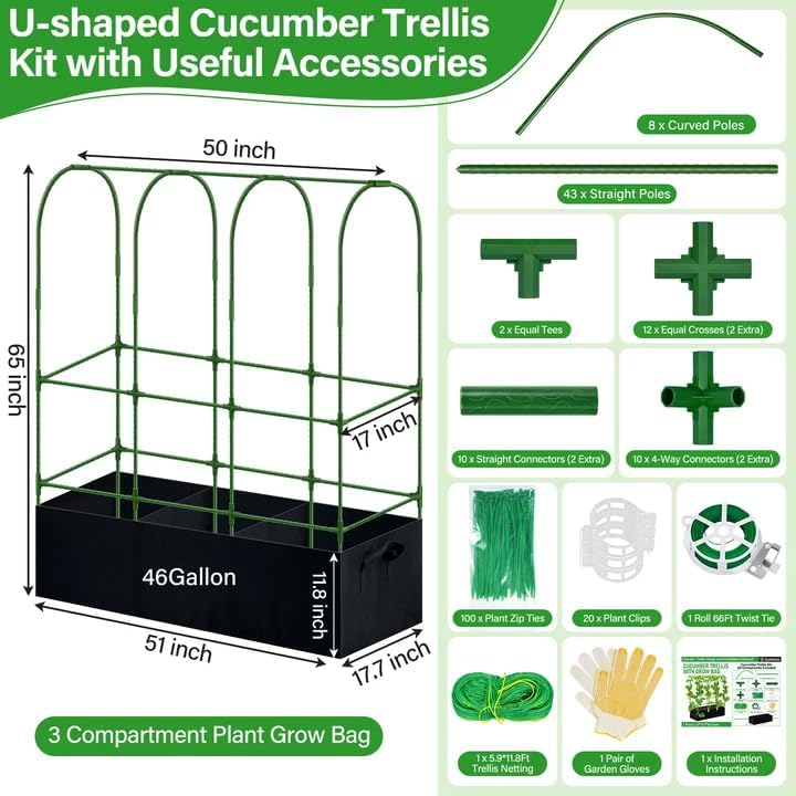 Garden Cucumber Trellis for Climbing Plants Outdoor with Grow Bag, 65x50 Inch Large U-Shaped Cucumber Trellis for Raised Bed, Metal Arch Plant Trellis for Vegetable Grape Pea Bean Vine Squash