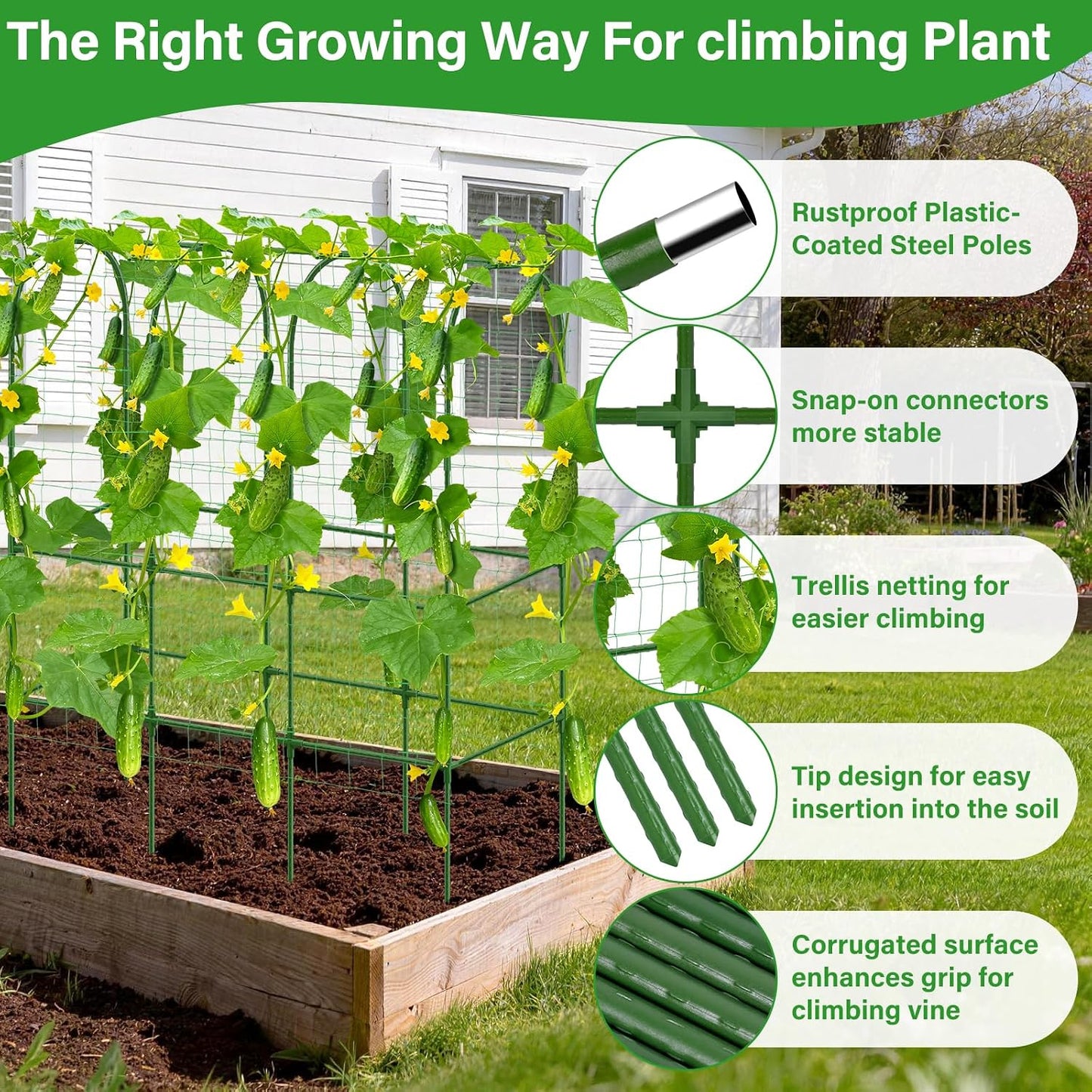 Garden Cucumber Trellis for Climbing Plants Outdoor with Grow Bag, 65x50 Inch Large U-Shaped Cucumber Trellis for Raised Bed, Metal Arch Plant Trellis for Vegetable Grape Pea Bean Vine Squash