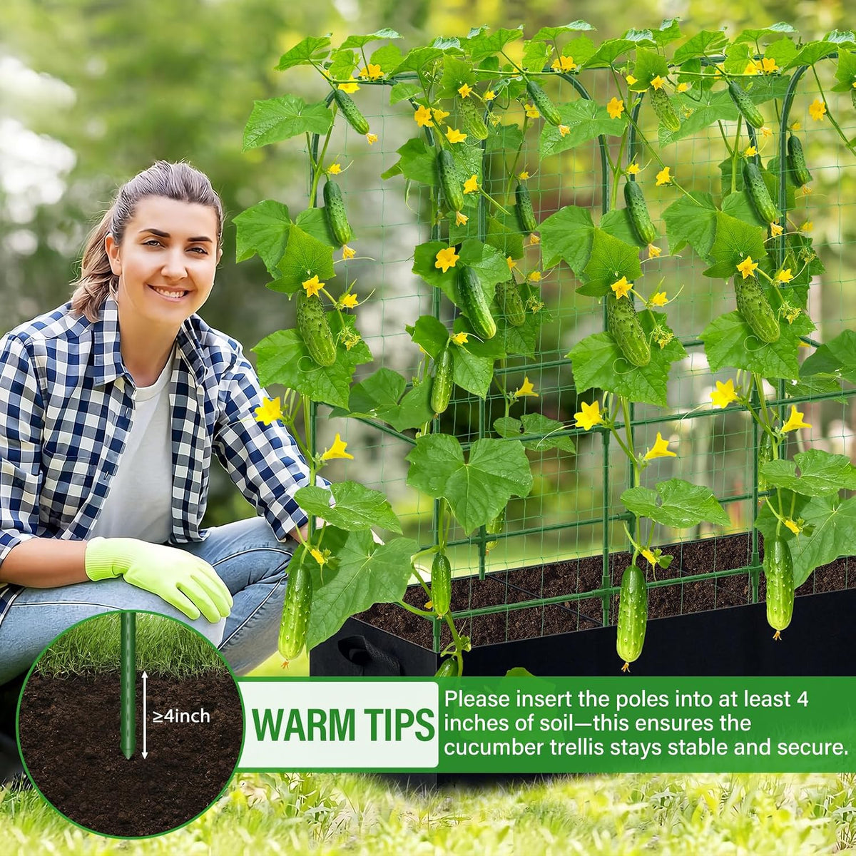Garden Cucumber Trellis for Climbing Plants Outdoor with Grow Bag, 65x50 Inch Large U-Shaped Cucumber Trellis for Raised Bed, Metal Arch Plant Trellis for Vegetable Grape Pea Bean Vine Squash