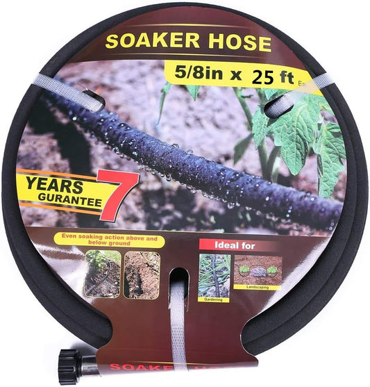 5/8" Soaker Hose 25 ft Round Rubber Garden Soaker Hoses, Heavy Duty Drip Hose for Watering Irrigation, Water Seeper Soaker Hoses for Garden, Lawn and Plants