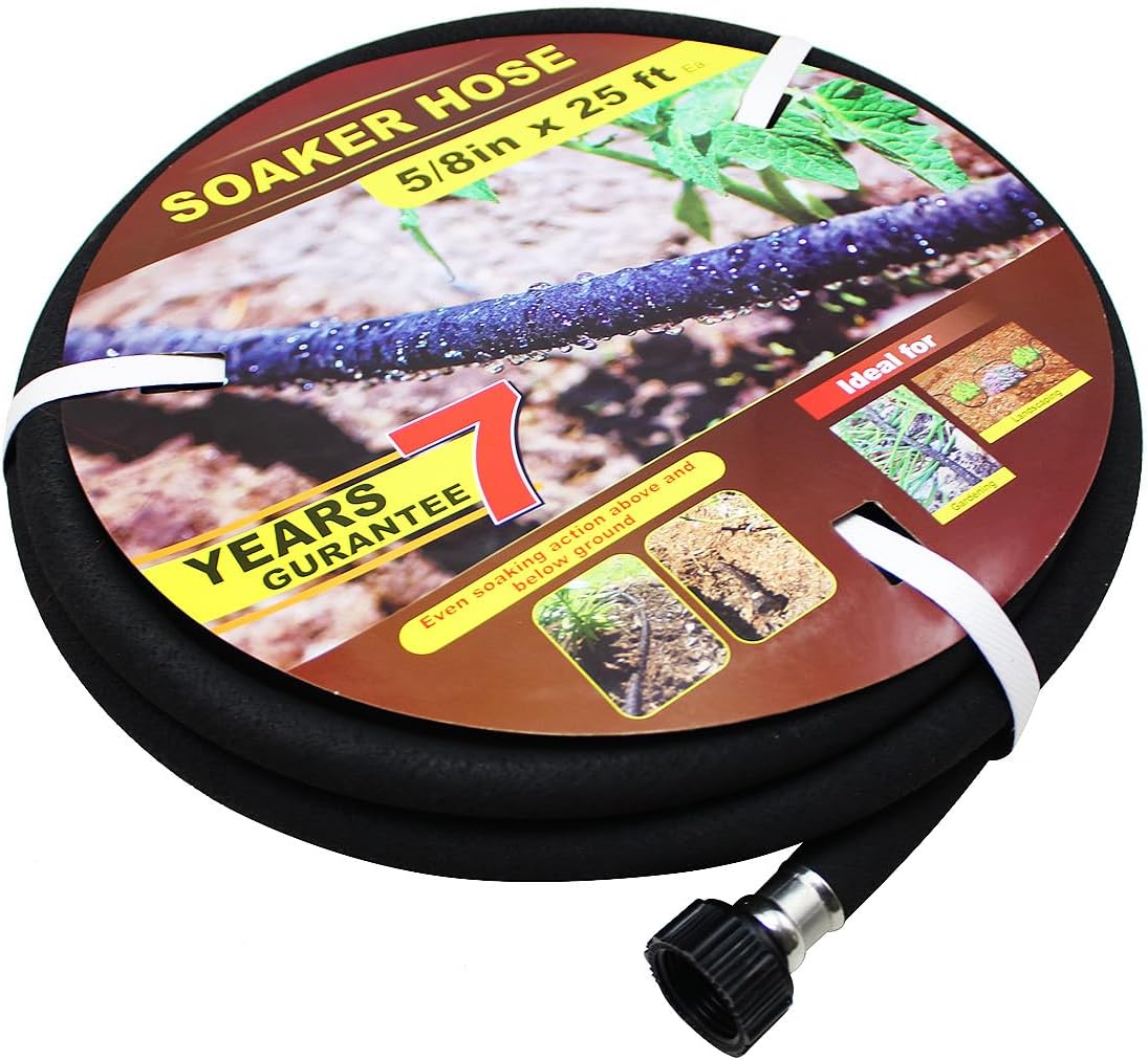 5/8" Soaker Hose 25 ft Round Rubber Garden Soaker Hoses, Heavy Duty Drip Hose for Watering Irrigation, Water Seeper Soaker Hoses for Garden, Lawn and Plants