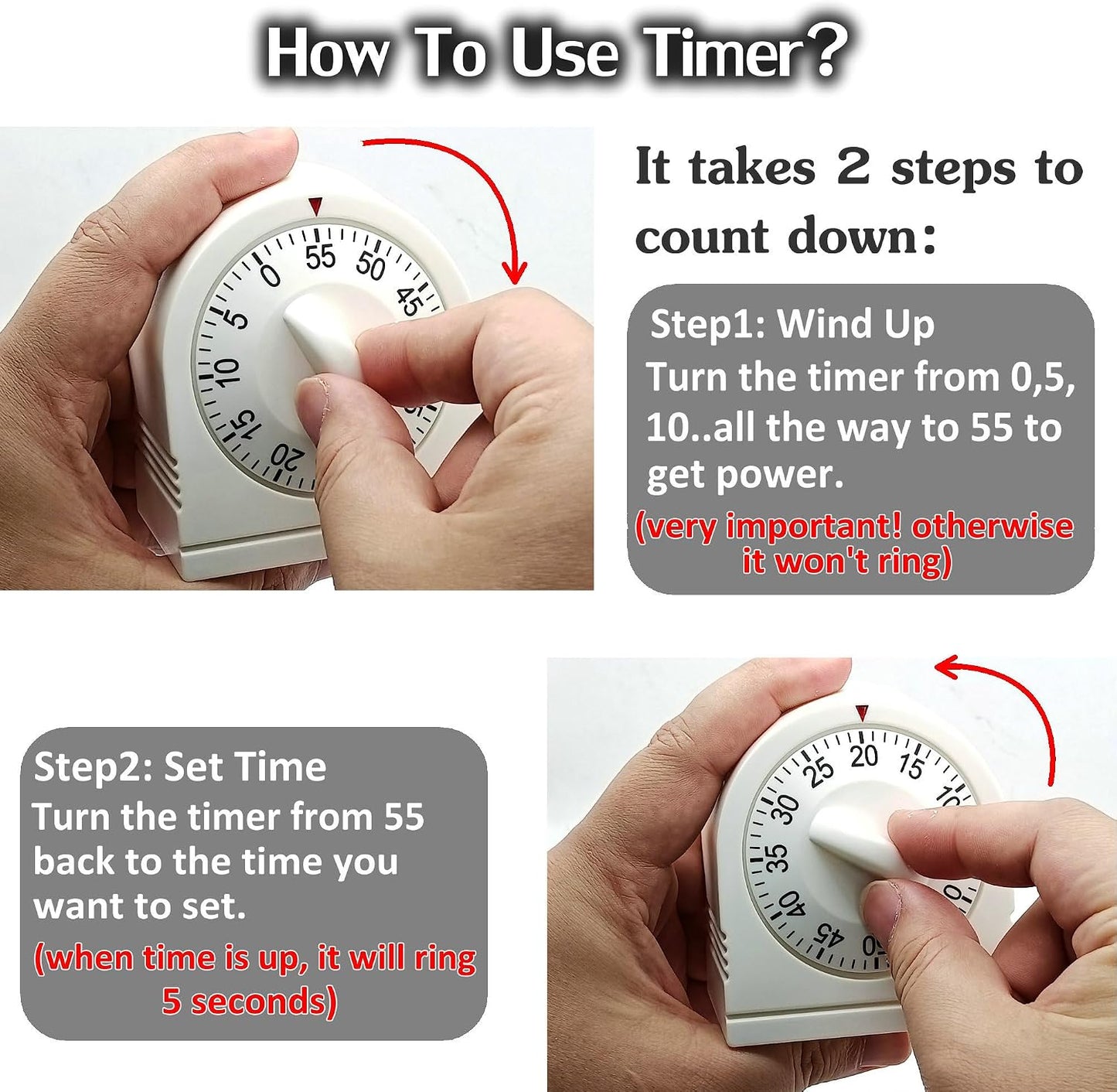 60 Minute Wind Up Timer, Visual Mechanical Timer with Loud Alarm, Manual Countdown Timers for Classroom, Home, Study and Cooking (2 Pack)