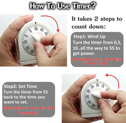 60 Minute Wind Up Timer, Visual Mechanical Timer with Loud Alarm, Manual Countdown Timers for Classroom, Home, Study and Cooking (2 Pack)
