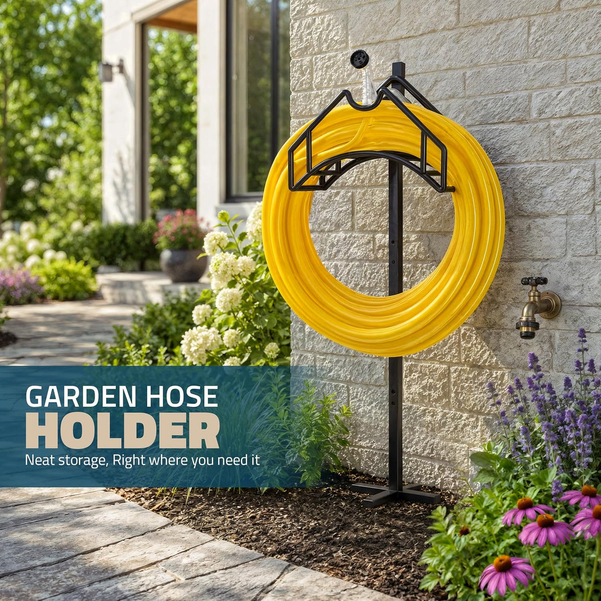 Freestanding Garden Hose Holder, 150 ft, Black