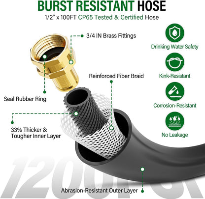 Retractable Hose Reel with 1/2'' x 100FT Water Pipe, 1200 PSI