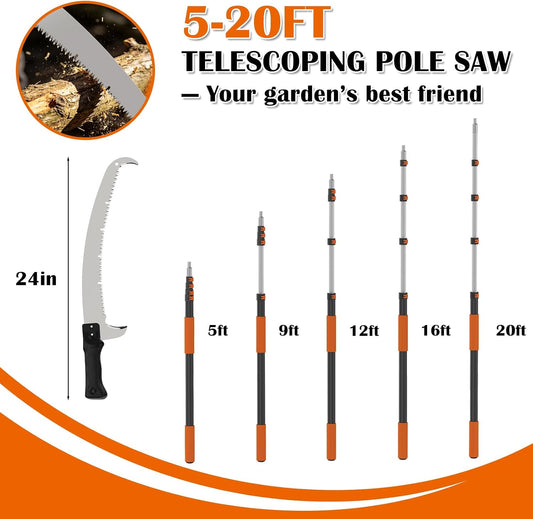 26FT Reach Pole Saws for Tree Trimming, Pole Saw with 5-20FT Telescoping Extension Pole, Pruning Saw with 24" 3X Detachable Saw, Non-Slip Handle, Tree Trimmer for Garden Yard Palms Shrubs