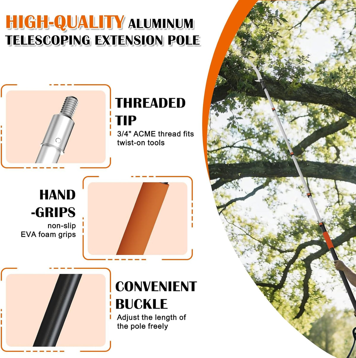 26FT Reach Pole Saws for Tree Trimming, Pole Saw with 5-20FT Telescoping Extension Pole, Pruning Saw with 24" 3X Detachable Saw, Non-Slip Handle, Tree Trimmer for Garden Yard Palms Shrubs