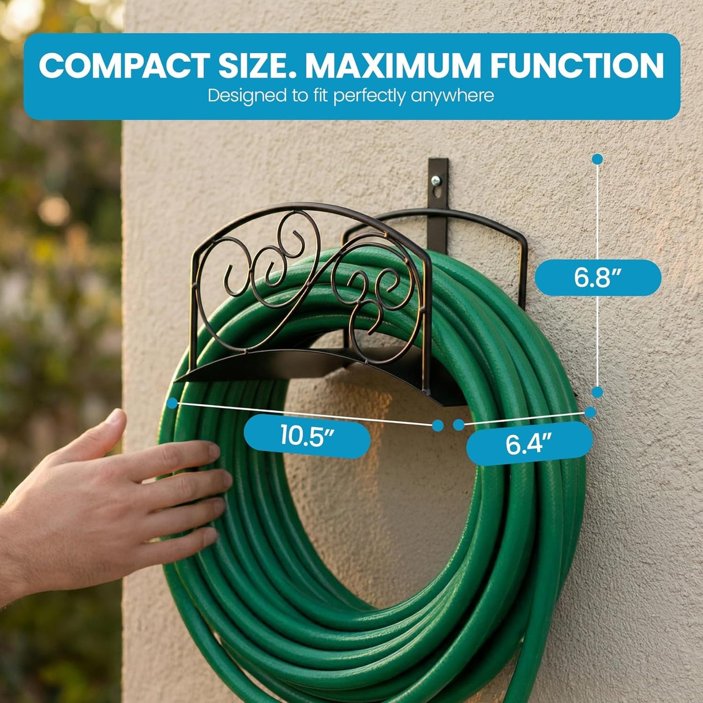 Metal Wall-Mount Classic Swirl Hose Holder Heavy-Duty Outdoor Hanger and Water Hose Organizer with Sturdy Reel Hooks & Screws for Yard Lawn Garden Patio Landscaping and Home Use, Bronze