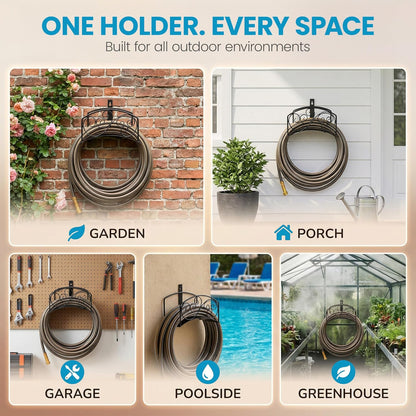 Metal Wall-Mount Classic Swirl Hose Holder Heavy-Duty Outdoor Hanger and Water Hose Organizer with Sturdy Reel Hooks & Screws for Yard Lawn Garden Patio Landscaping and Home Use, Bronze
