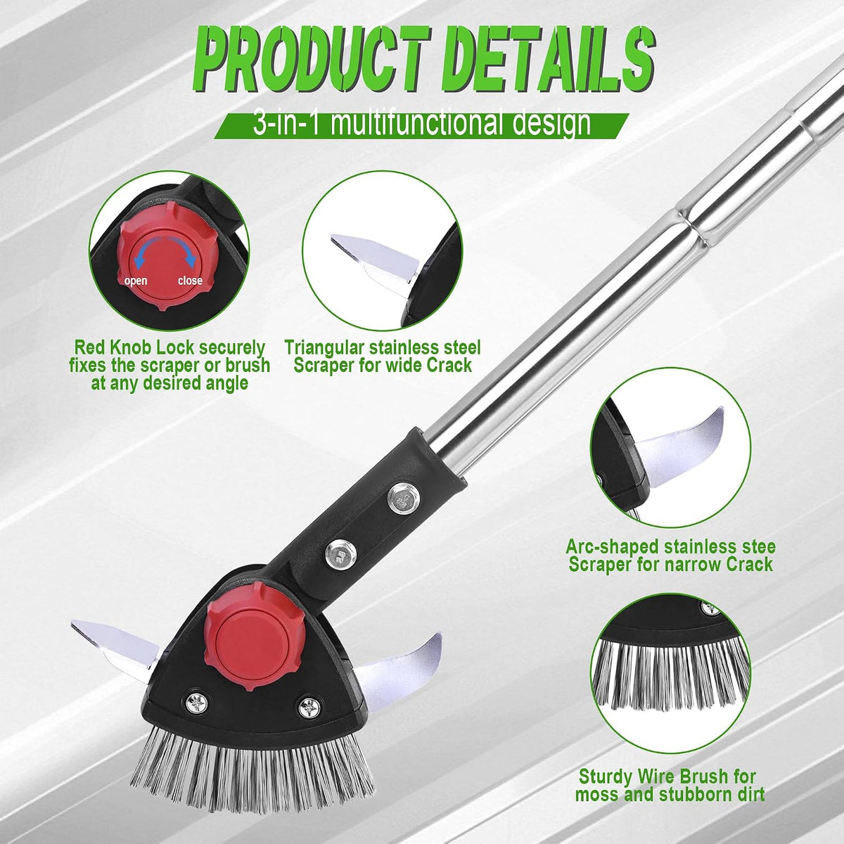 Crack Weeder Long Handle 3-in-1 Adjustable Crevice Cleaning Tool with Stainless Steel Weed Brush with 2 Scrapers Weed Puller Tool for Driveway, Patio Sidewalk to Remove Moss Weeds Dirt