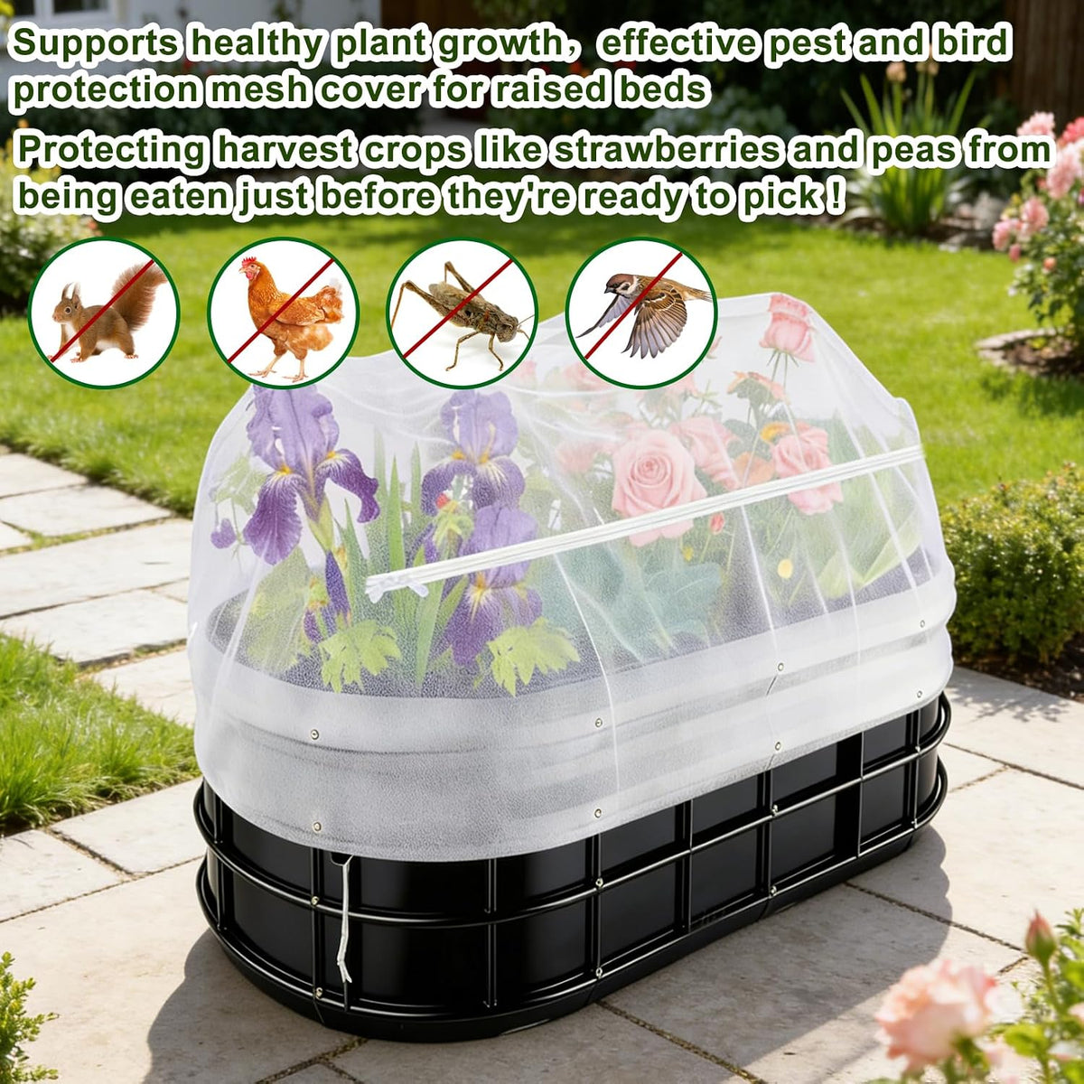 2 Pack Garden Netting for Raised Beds, Fine Mesh Bird Netting Barrier Screen with Zipper Drawstring Garden Bed Plant Cover for Protect Vegetable Fruits Crop from Animals Pest Insect, 2.3×2.3×2Ft