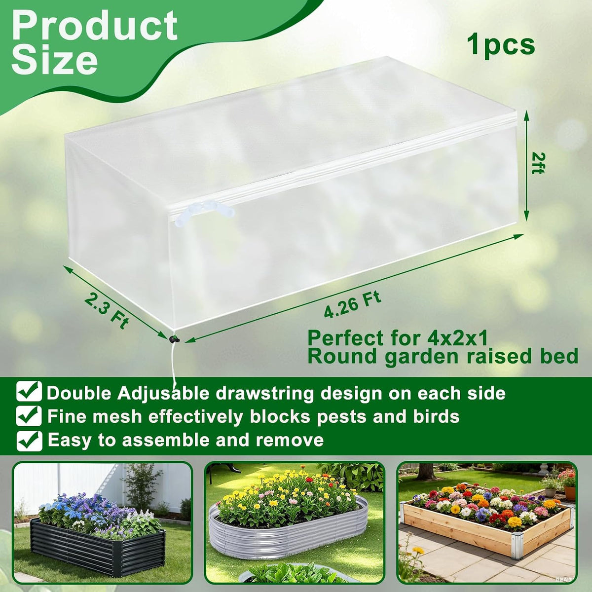 2 Pack Garden Netting for Raised Beds, Fine Mesh Bird Netting Barrier Screen with Zipper Drawstring Garden Bed Plant Cover for Protect Vegetable Fruits Crop from Animals Pest Insect, 2.3×2.3×2Ft