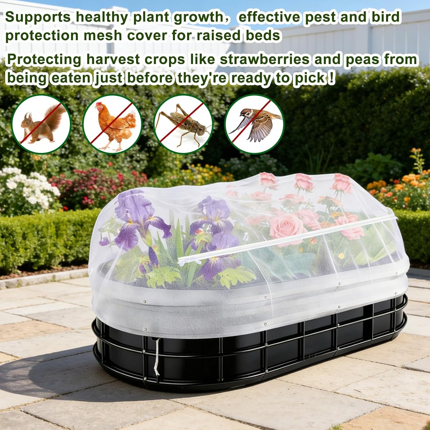 2 Pack Garden Netting for Raised Beds, Fine Mesh Bird Netting Barrier Screen with Zipper Drawstring Garden Bed Plant Cover for Protect Vegetable Fruits Crop from Animals Pest Insect, 2.3×2.3×2Ft