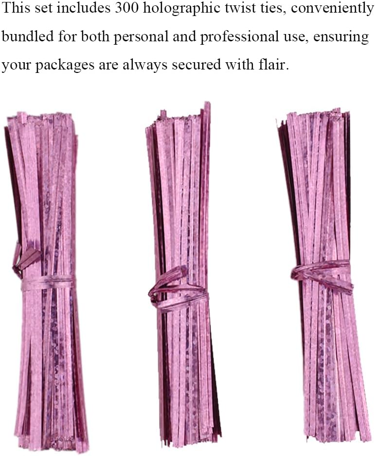 300Pcs 4inches Holographic Pink Metal Twist Ties Bread Candy Coffee Bag Ties Plant Garden Twist Ties for Cellophane Treat Bags Gift Wraping Bags Plastic Bags Party Cake Present Art Crafts