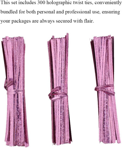 300Pcs 4inches Holographic Pink Metal Twist Ties Bread Candy Coffee Bag Ties Plant Garden Twist Ties for Cellophane Treat Bags Gift Wraping Bags Plastic Bags Party Cake Present Art Crafts