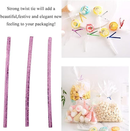 300Pcs 4inches Holographic Pink Metal Twist Ties Bread Candy Coffee Bag Ties Plant Garden Twist Ties for Cellophane Treat Bags Gift Wraping Bags Plastic Bags Party Cake Present Art Crafts