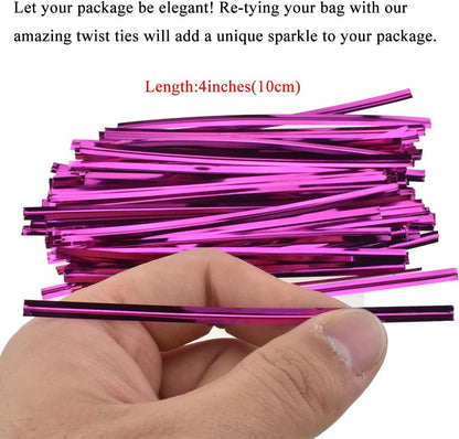 300Pcs 4inches Holographic Pink Metal Twist Ties Bread Candy Coffee Bag Ties Plant Garden Twist Ties for Cellophane Treat Bags Gift Wraping Bags Plastic Bags Party Cake Present Art Crafts