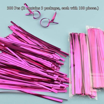 300Pcs 4inches Holographic Pink Metal Twist Ties Bread Candy Coffee Bag Ties Plant Garden Twist Ties for Cellophane Treat Bags Gift Wraping Bags Plastic Bags Party Cake Present Art Crafts