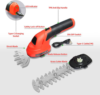 Cordless Grass Shear & Shrubbery Trimmer 2 in 1 Handheld Electric Grass Trimmer Hedge Shears/Grass Cutter