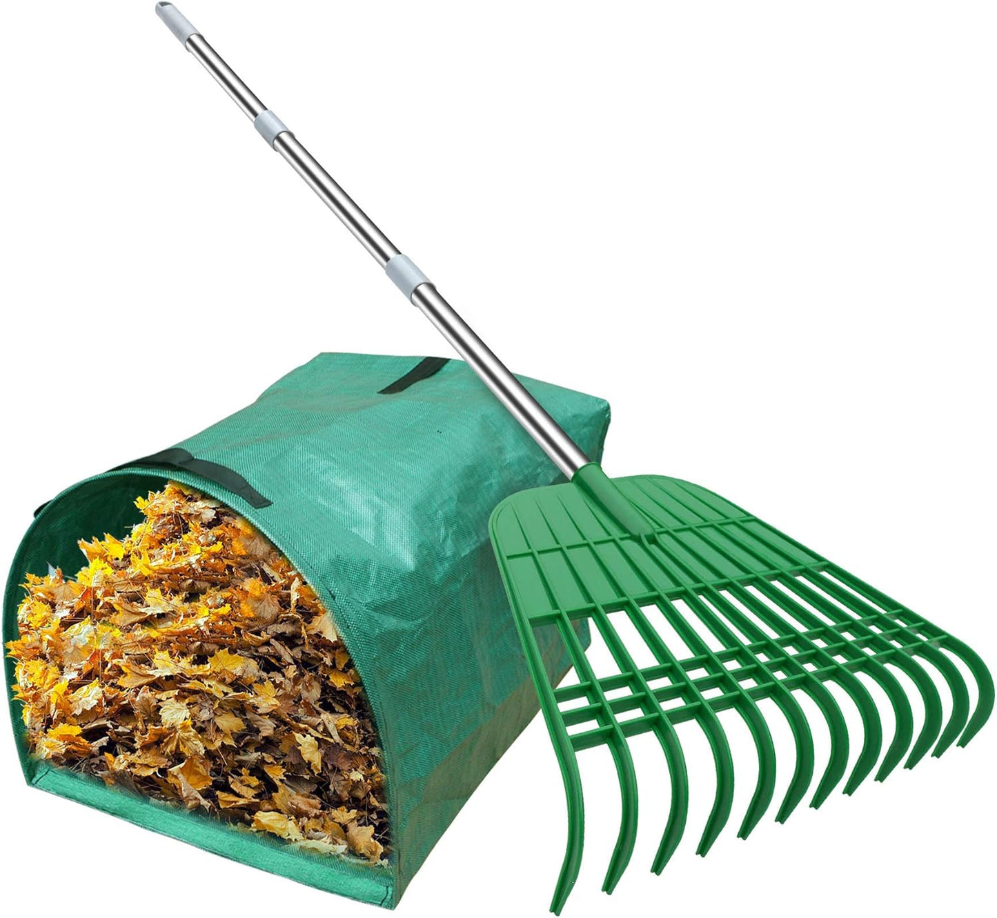 12 Tines Gardening Leaf Rake, Lightweight Steel Handle, Detachable, Ideal Camp Rake, Comes with Dustpan-Type Garden Bag