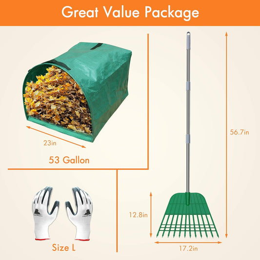 12 Tines Gardening Leaf Rake, Lightweight Steel Handle, Detachable, Ideal Camp Rake, Comes with Dustpan-Type Garden Bag