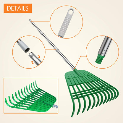 12 Tines Gardening Leaf Rake, Lightweight Steel Handle, Detachable, Ideal Camp Rake, Comes with Dustpan-Type Garden Bag