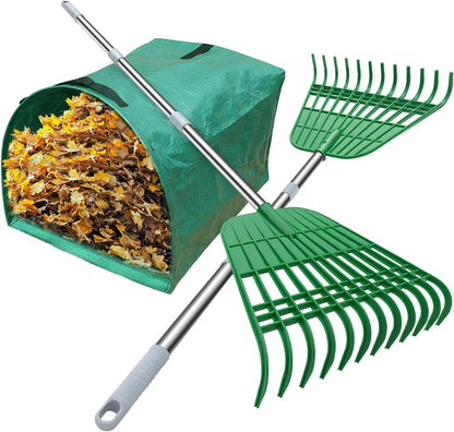 12 Tines Gardening Leaf Rake, Lightweight Steel Handle, Detachable, Ideal Camp Rake, Comes with Dustpan-Type Garden Bag