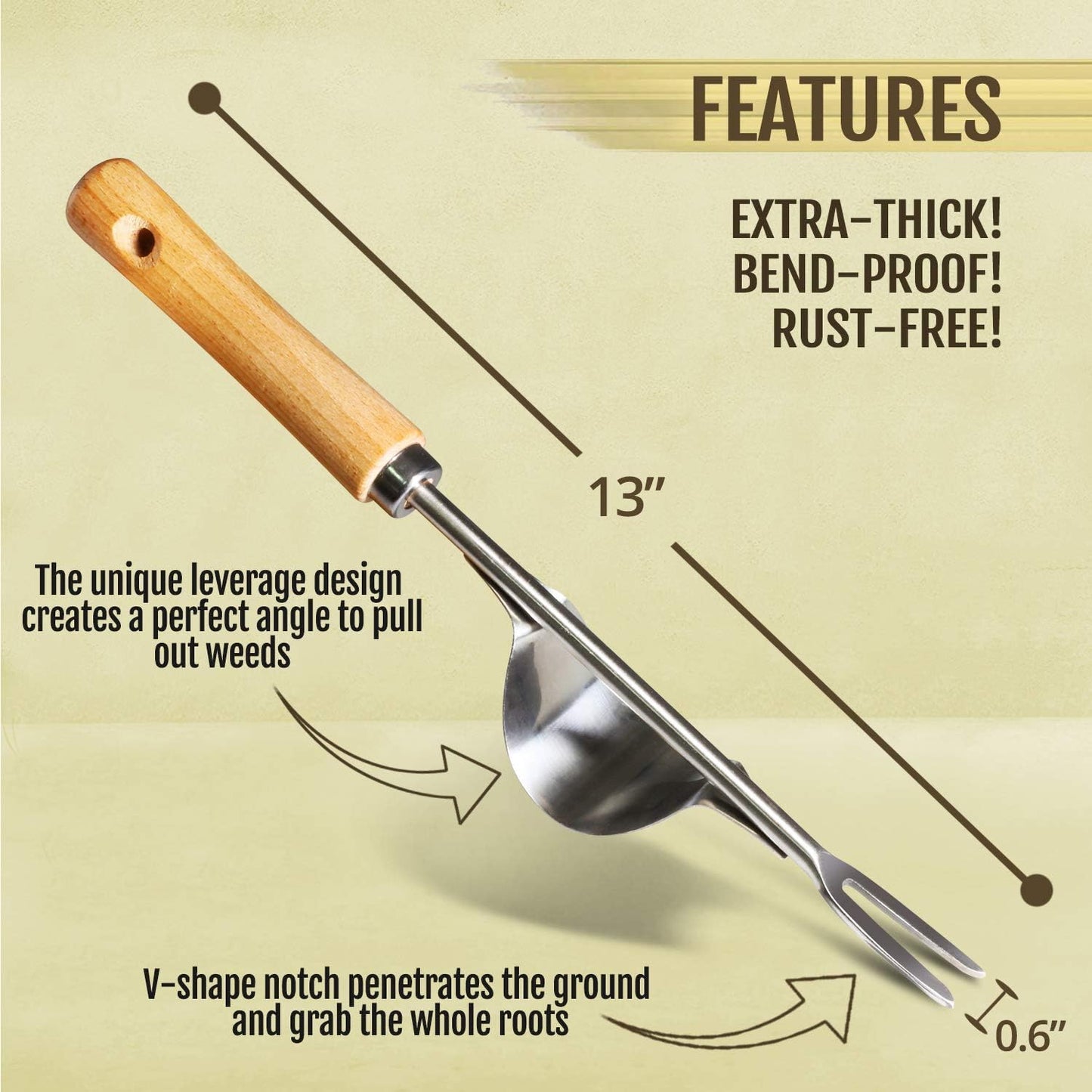 Manual Hand Weeder - Bend-Proof Leverage Base for Super Easy Weed Removal & Deeper Digging - Sturdy Chrome Plated Steel - Compact Dandelion Weed Puller Tool for Yard Lawn and Farm