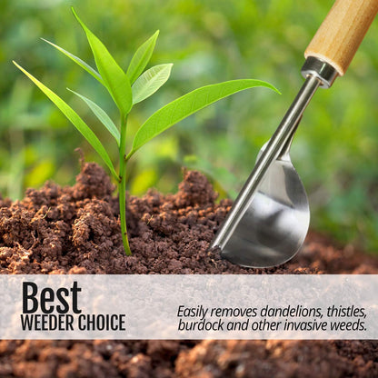 Manual Hand Weeder - Bend-Proof Leverage Base for Super Easy Weed Removal & Deeper Digging - Sturdy Chrome Plated Steel - Compact Dandelion Weed Puller Tool for Yard Lawn and Farm