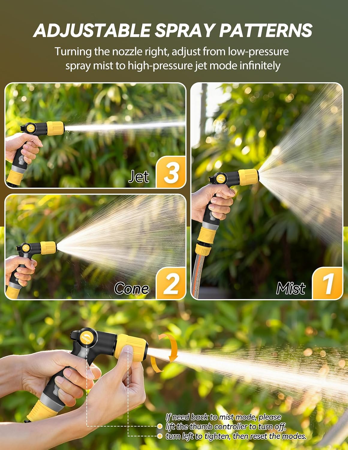 Garden Hose Nozzle with High Pressure Jet with Thumb Flow Control
