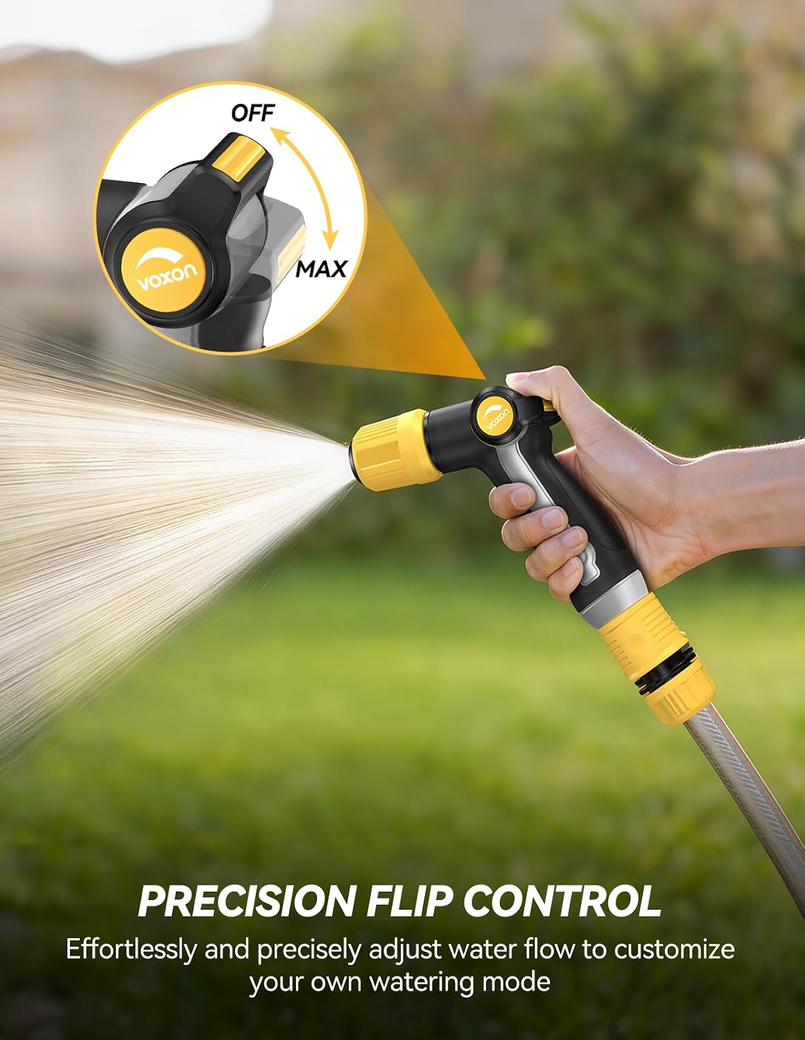 Garden Hose Nozzle with High Pressure Jet with Thumb Flow Control