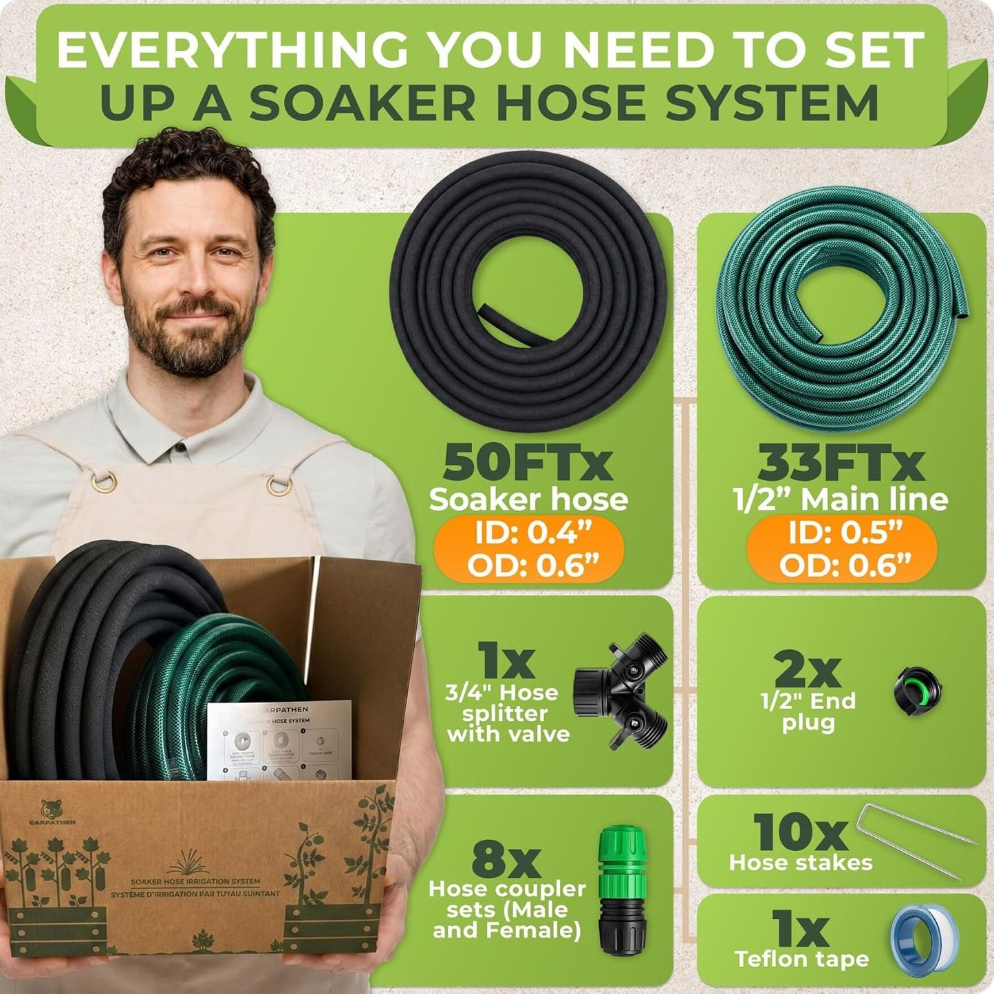 CARPATHEN 1/2" Soaker Hose Kit Mainline Tubing and Connectors, 50 feet