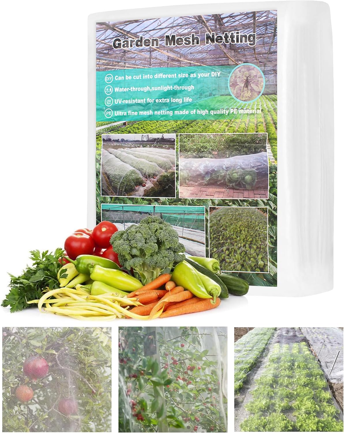 Garden Netting Plant Cover Net Mesh Protection Hoops for Vegetables Fruits Flowers Trees Crops to Grow Better Bug Barrier, Durable Row Net Covering Works with Pipes (10ft x 50ft)