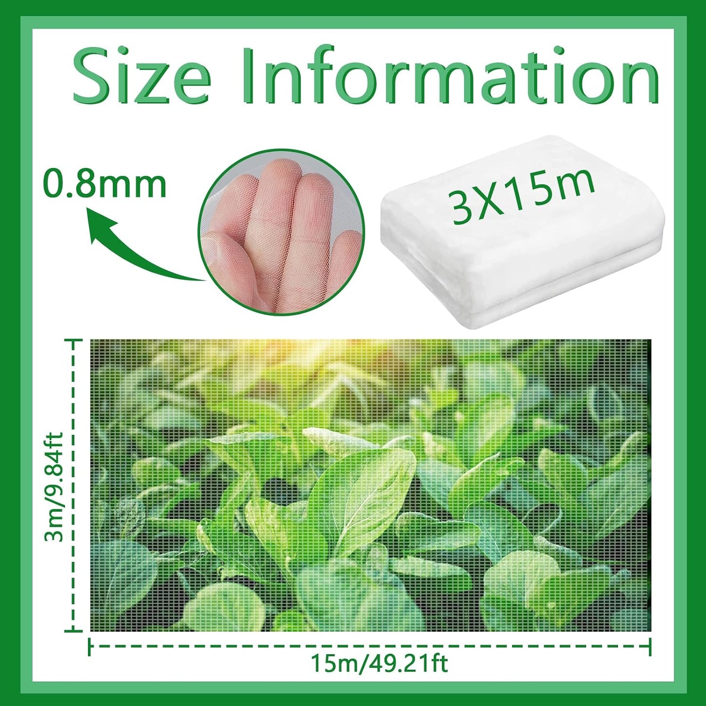 Garden Netting Plant Cover Net Mesh Protection Hoops for Vegetables Fruits Flowers Trees Crops to Grow Better Bug Barrier, Durable Row Net Covering Works with Pipes (10ft x 50ft)