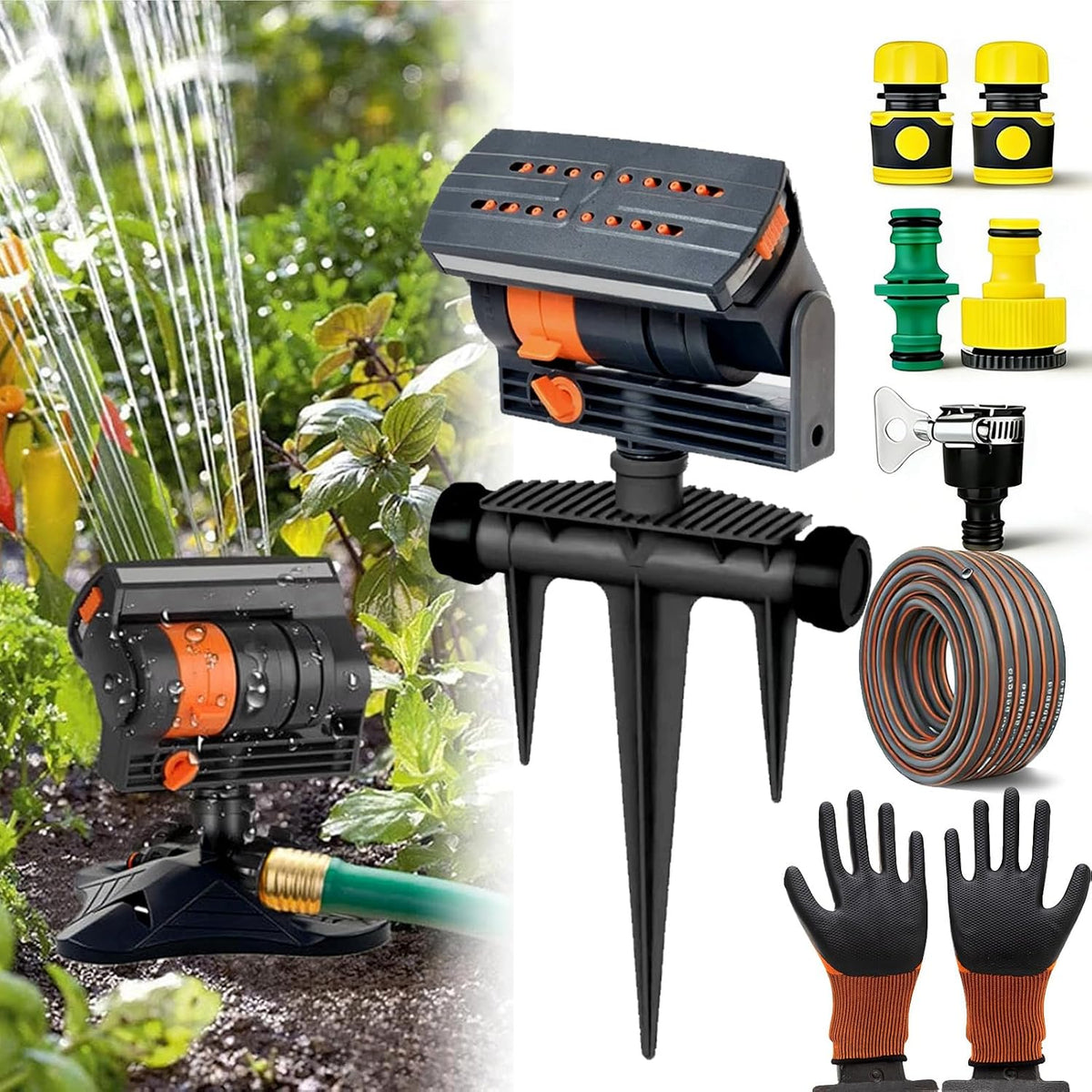 16-Nozzle Oscillating Sprinkler with Dual-Zone Sprinkler Water Timer, 360° 16-Hole Automatic Rocking Sprinkler, Turbo Orbit Mist Sprinklers System for Garden (Standard, Sprinklers)