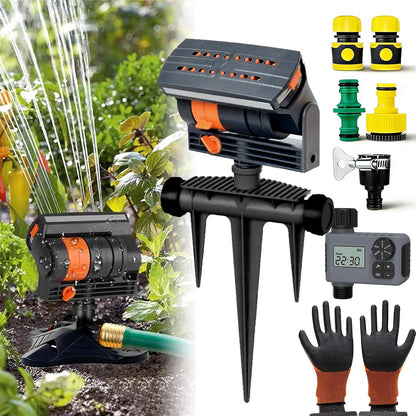 16-Nozzle Oscillating Sprinkler with Dual-Zone Sprinkler Water Timer, 360° 16-Hole Automatic Rocking Sprinkler, Turbo Orbit Mist Sprinklers System for Garden (Standard, Sprinklers)