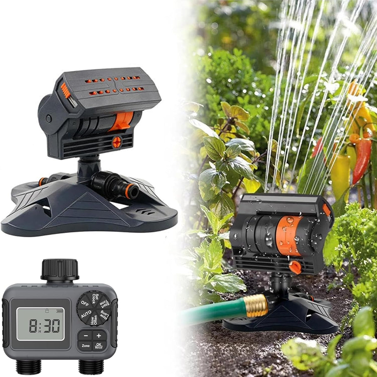 16-Nozzle Oscillating Sprinkler with Dual-Zone Sprinkler Water Timer, 360° 16-Hole Automatic Rocking Sprinkler, Turbo Orbit Mist Sprinklers System for Garden (Standard, Sprinklers)