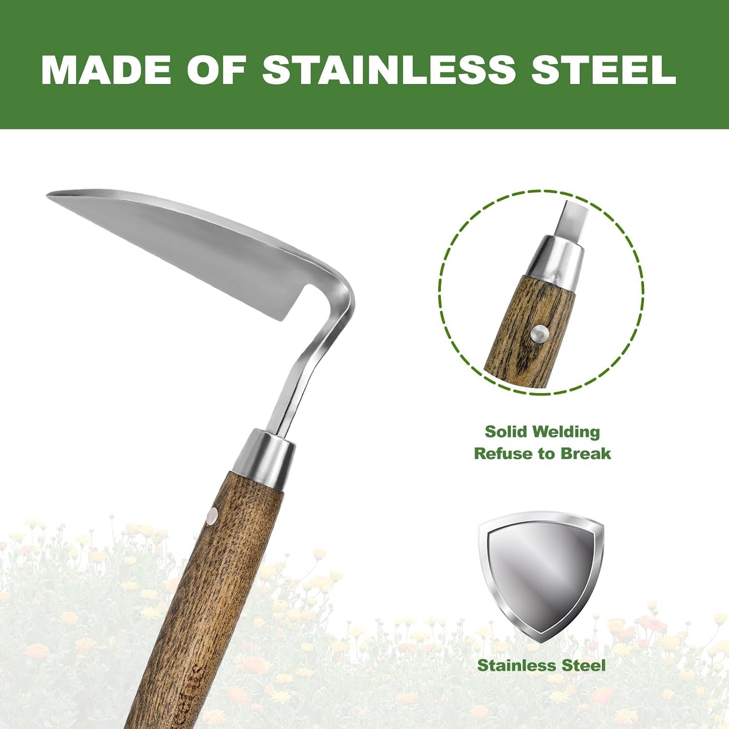 Gardening Sickle Hoe, 13'' Japanese Bent Angle Weeding Sickle